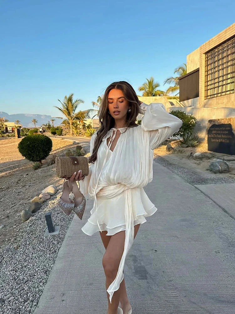 Vintage Puff Sleeve Ruffles Mini Dress Women Elegant Chic GlowCart