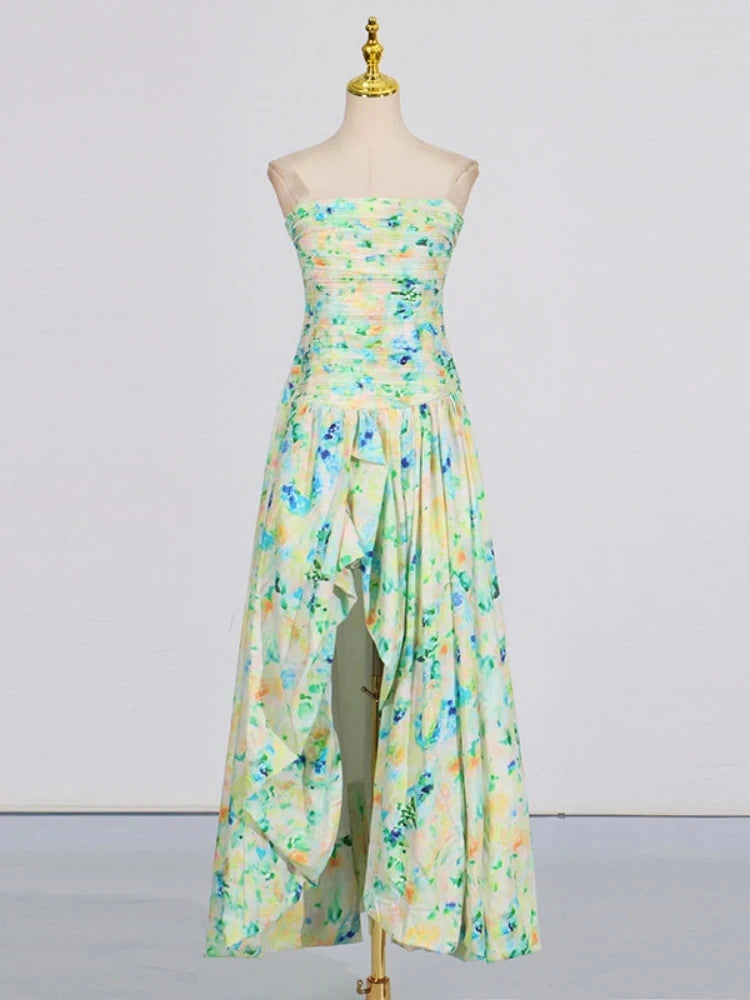 Sexy Strapless Printed Split Deign Long Bubble Dress Women GlowCart