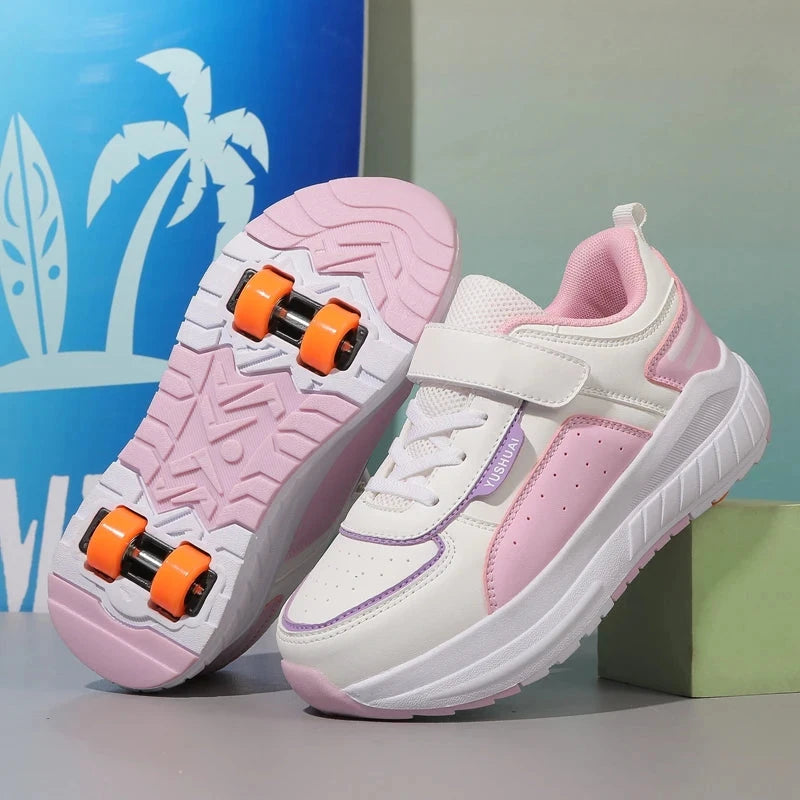 Childrens Roller Skates Fashion Double Row Four Wheel Sneakers Fully Automatic Breathe Anti-friction Rollerblade Shoes for Kids GlowCart