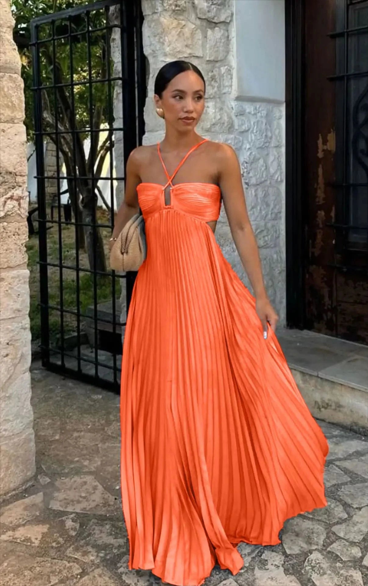 2025 High Waist Pleats Robe Dress Casual Sleeveless Solid GlowCart