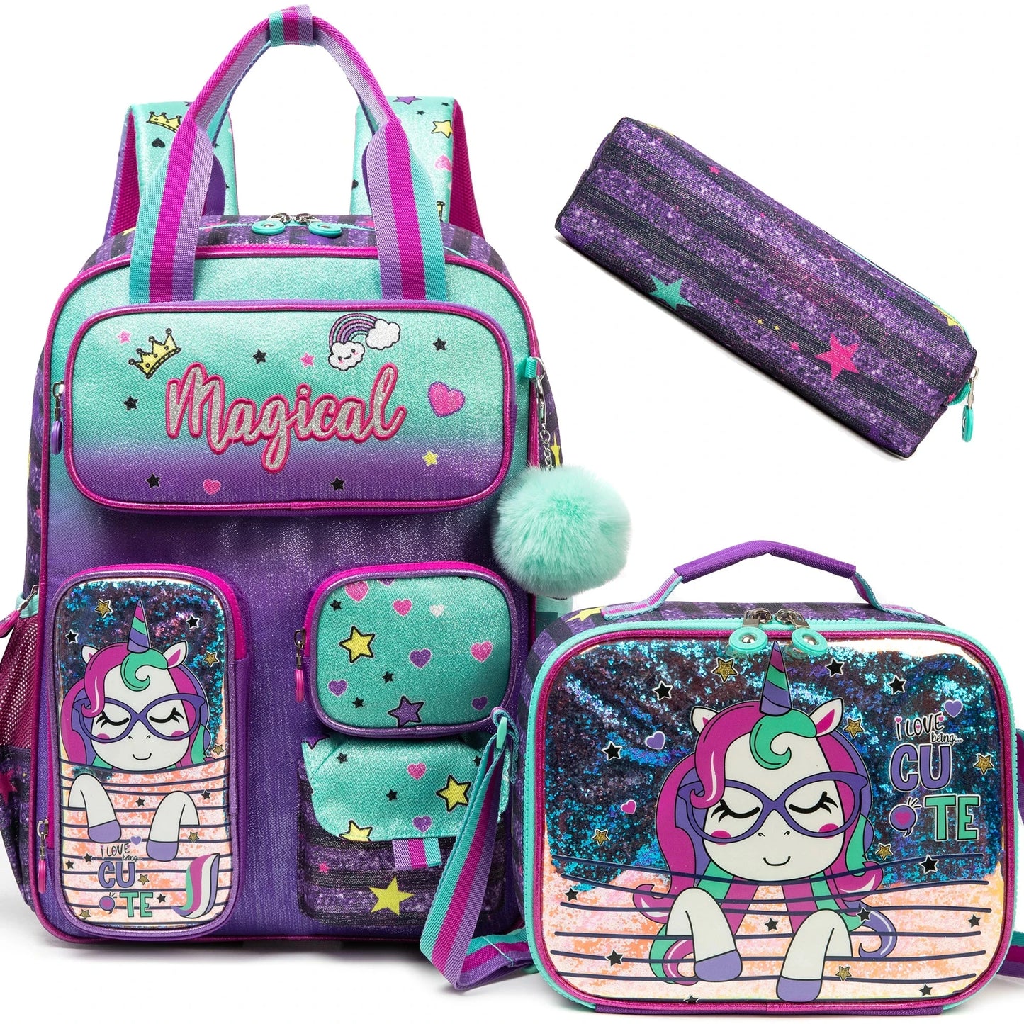 School Bags for girls Backpacks for Kids with Lunch Bag and Pencil CasesCute Backpacks for Kindergarten and Elementary School GlowCart