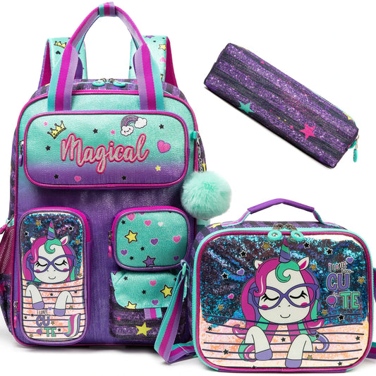 School Bags for girls Backpacks for Kids with Lunch Bag and Pencil CasesCute Backpacks for Kindergarten and Elementary School GlowCart