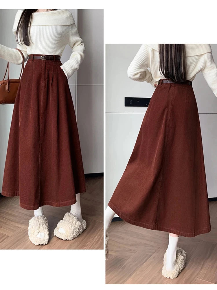 Elegant Winter Corduroy Maxi Long Skirt Women Fashion Korean Big Swing Umbrella A-line Skirts Loose Elastic Waist Falda Plisada GlowCart