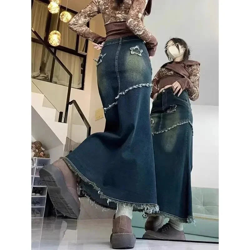 High Waist American Retro Torn Denim Skirt Women's Mid-Length A- Line Fish Tail Skirt Autumn Season Fashion Sensation GlowCart