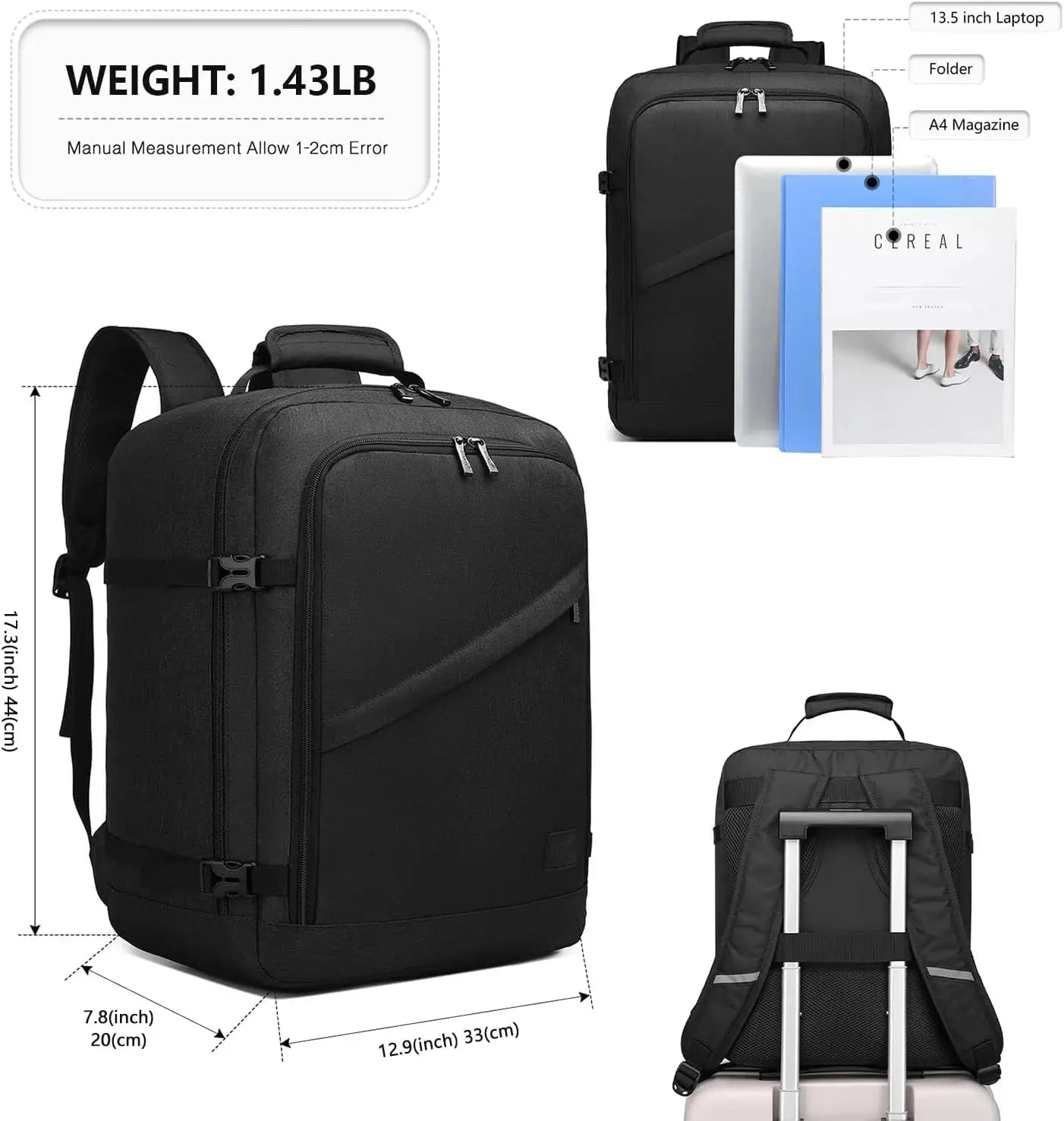 KONO Carry on Backpack, Airplane Approved Under Seat Travel GlowCart