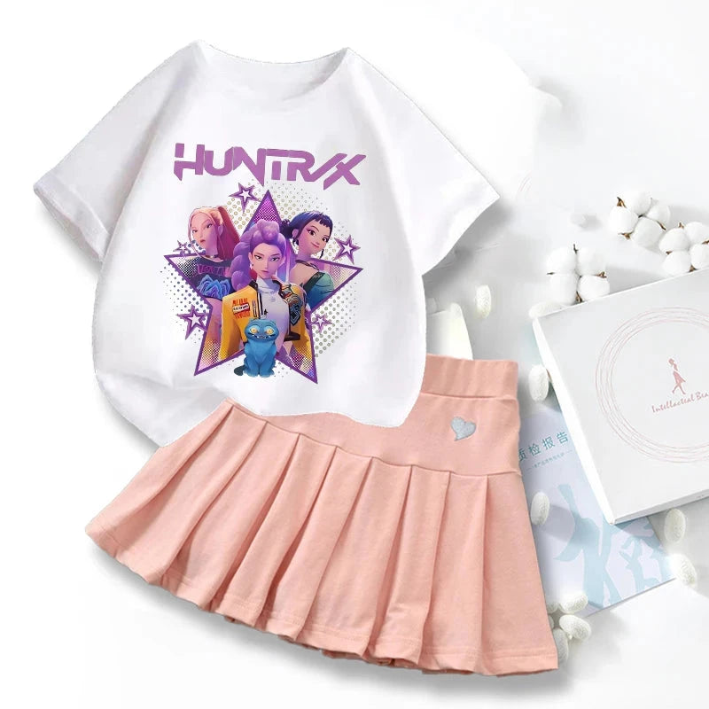 New K Pop Demon Hunters T-shirts Skirt Set Kawaii Cartoon Graphic T-shirt Kids Casual Short Sleeves Tops Summer Girl Clothes GlowCart