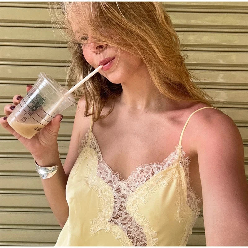 Sexy Lace Patchwork Sling Dress Women Satin Off-shoulder GlowCart