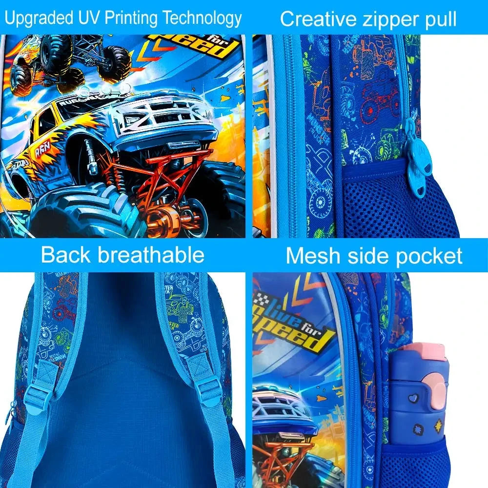 3PCS Boys Truck Backpack, Kids Car Bookbag with Lunch Box, Water Resistant School Bag for Elementary Preschool Toddler GlowCart