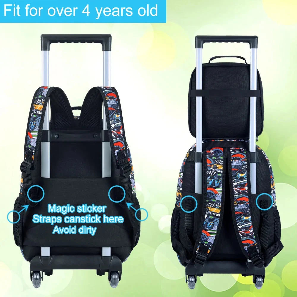 3PCS Rolling Backpack for Girls and Boys， Kids Race Wheeled Bookbag GlowCart