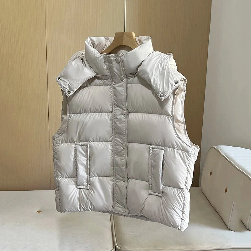 Autumn Winter Fluffy Puff Hooded Down Vest Female Drawstring GlowCart