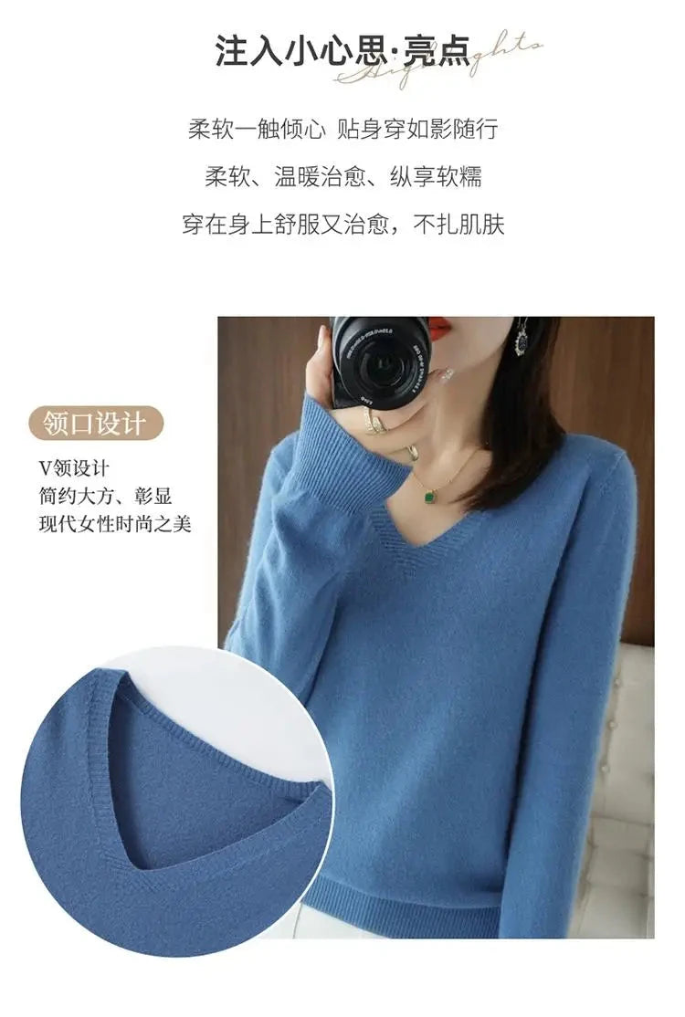Women's Sweater 2025 Autumn Winter Knitted Pullovers V-neck GlowCart