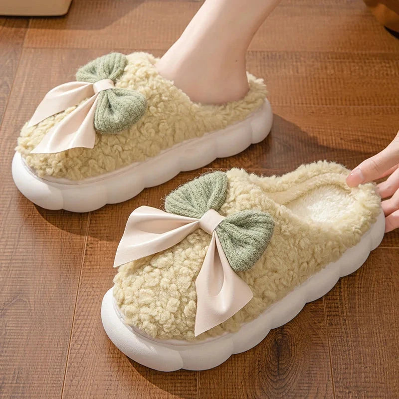 Winter Warm Fur Slippers for Women Cute bow House Non Slip GlowCart