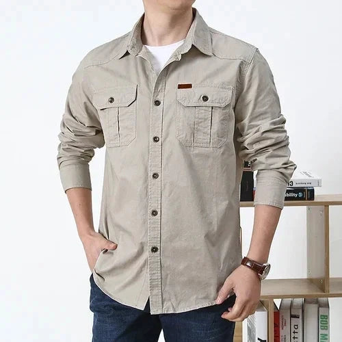 High-quality washed cotton shirt men's long-sleeved lapel GlowCart