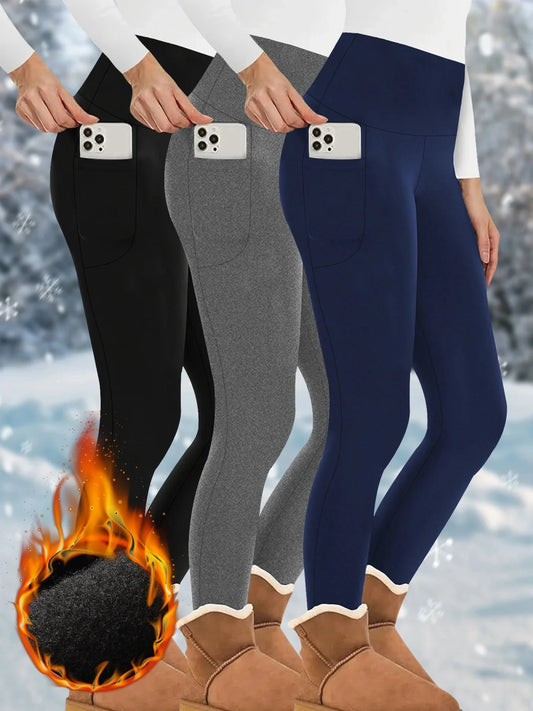 3 Pack Womens Thermal Fleece Lined High Waisted with pockets GlowCart