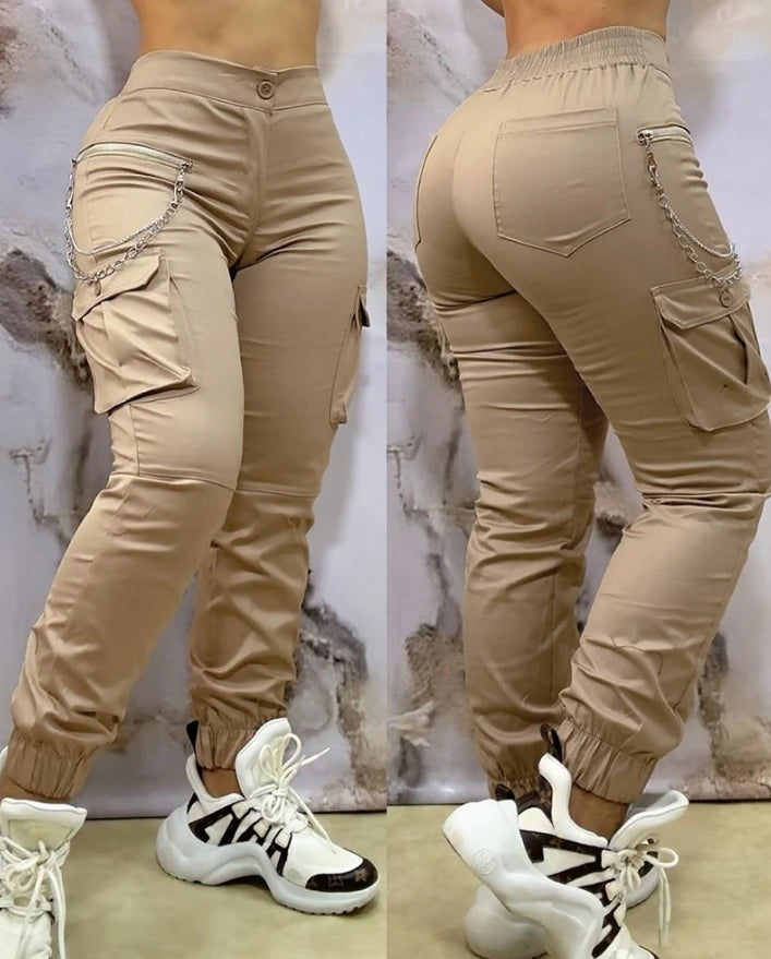 Women's Pants Autumn Winter Fashion Casual Work Pants Chain Decor Pocket Design Cuffed Cargo Pants GlowCart
