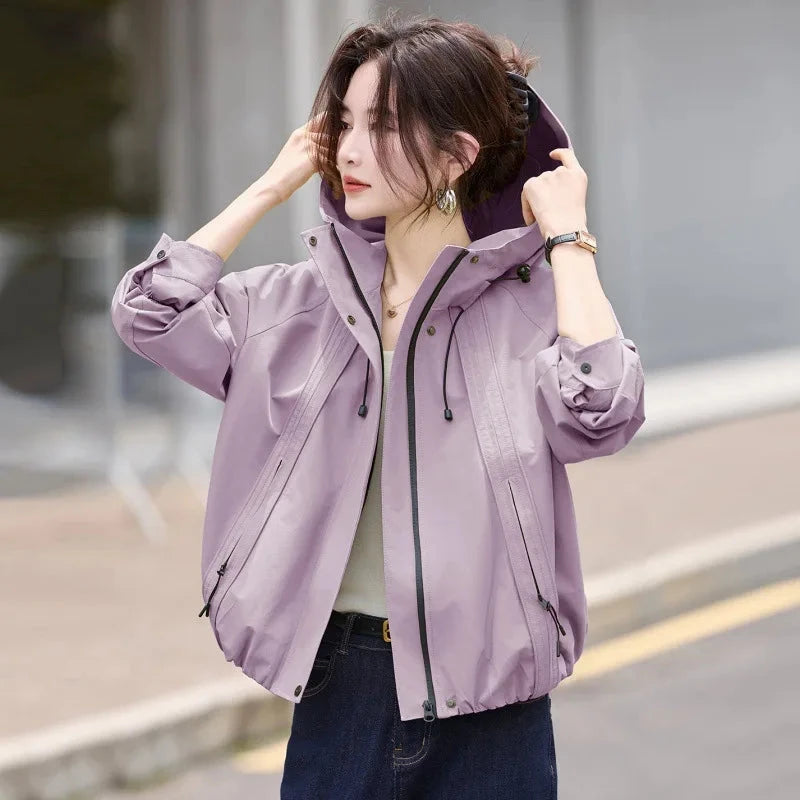 Casual Hooded Women's Windbreaker Jacket Zipper Up Short GlowCart