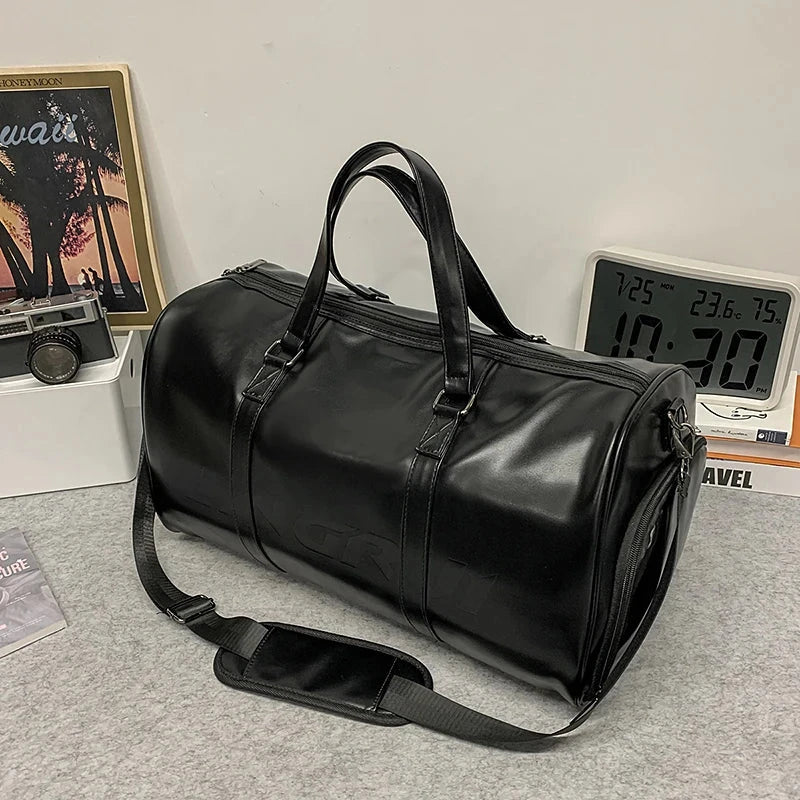 Minimalist Black PU Leather Travel Duffel Bag for Men Water GlowCart