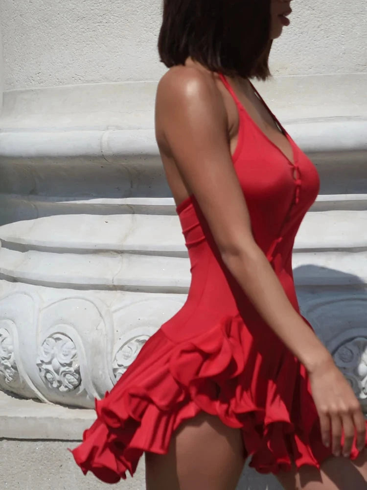 Sibybo Ruffles Hem Sleeveless Mini Dress Women V-Neck GlowCart