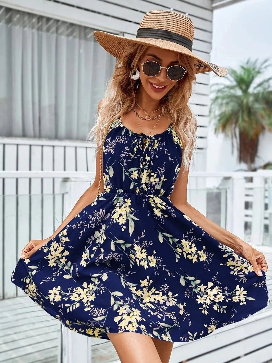 Sexy Floral Print Short Dress Women Summer Fashion Black GlowCart