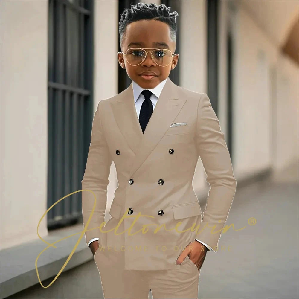 Boy's Beige Suit Set Double Breasted Blazer Pants 2 Pieces Classic kids Wedding Tuxedos Children Party Suits outfits GlowCart