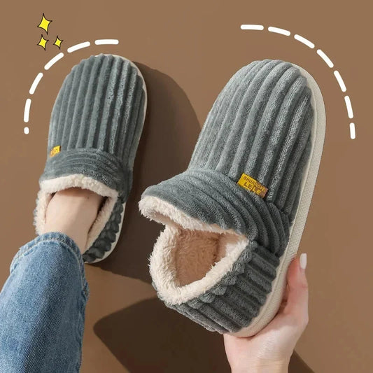 Winter Couple Style Concise Solid Color Wrap Heels Plush Slippers Non-slip Warm Flip Flops Women Men Home Casual Cotton Shoes GlowCart