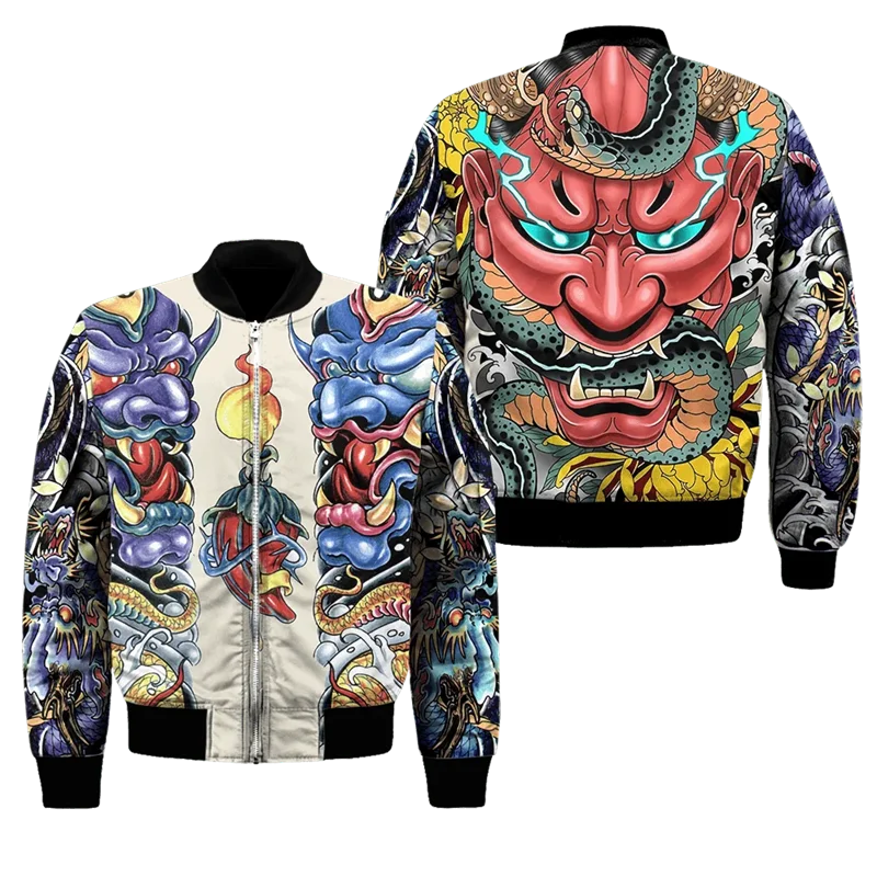 Spring Autumn Mens Bomber Jacket Samurai Oni Mask Tattoo 3D All Over Printed Zip Tracksuits Unisex Casual Zipper Jacket Clothing GlowCart