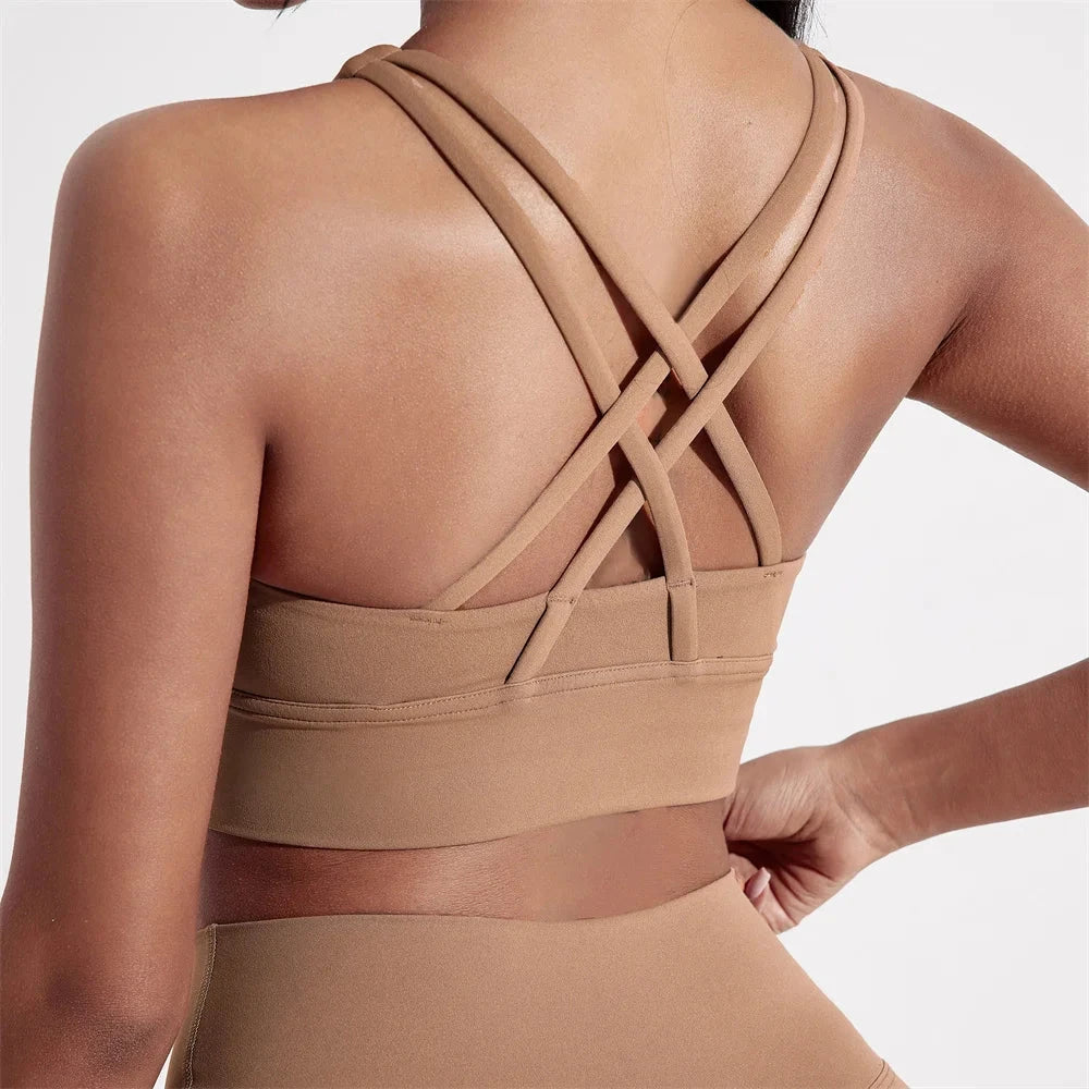 Solid Color Women Cross back Fitness sport Bra high strength Tight Top Comprehensive Training Gym Yoga Underwear With Chest Pad GlowCart