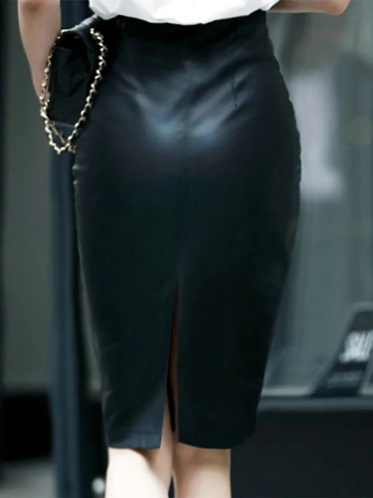 Women PU Leather Midi Skirt Autumn Winter Ladies Package Hip Front or Back Slit Pencil Skirt GlowCart