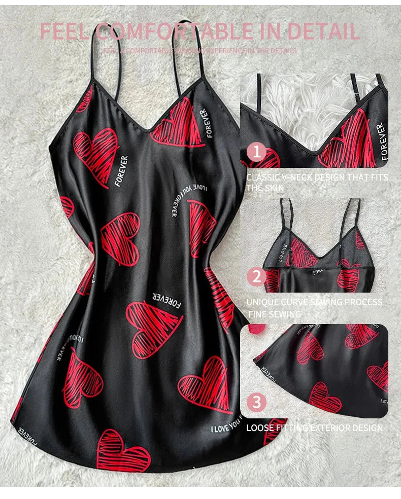 Valentine's Day Red Lip Print Satin Slip Nightdress V Neck GlowCart