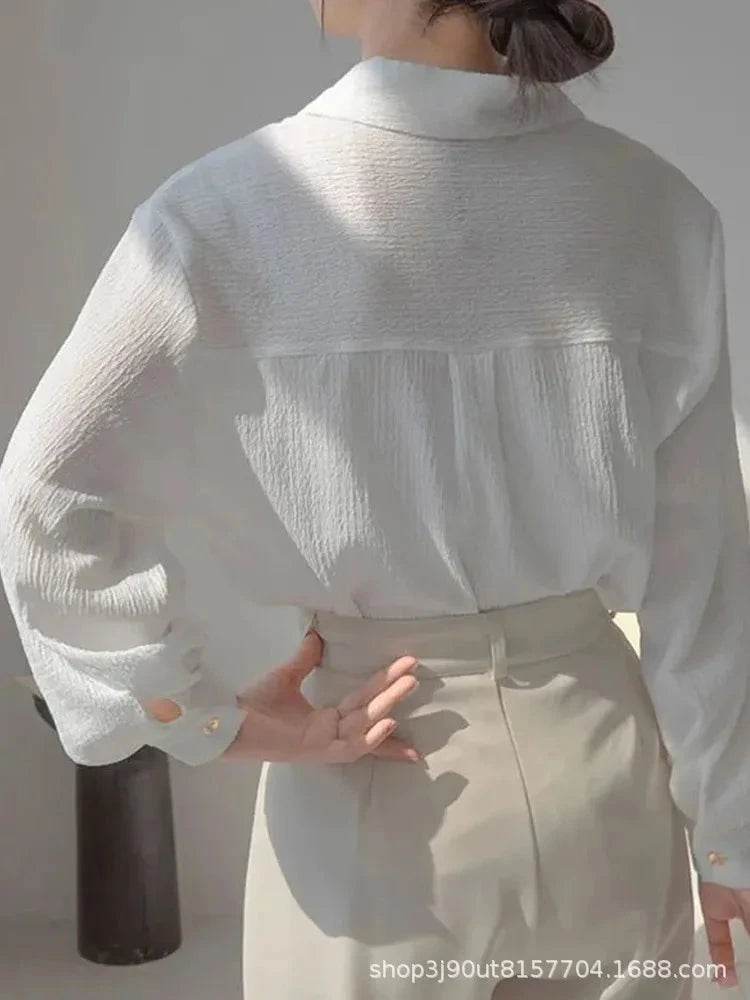 Ladies' spring and autumn white shirt, women's textured GlowCart