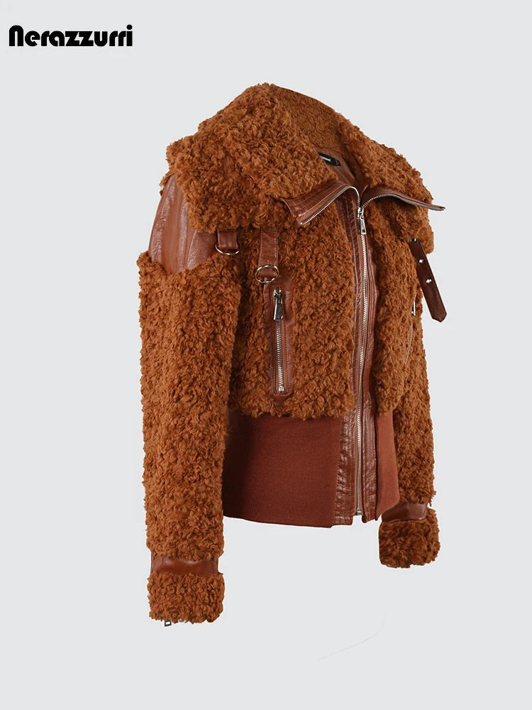 Nerazzurri Autumn Winter Chic Warm Pu Leather Patchwork Faux GlowCart