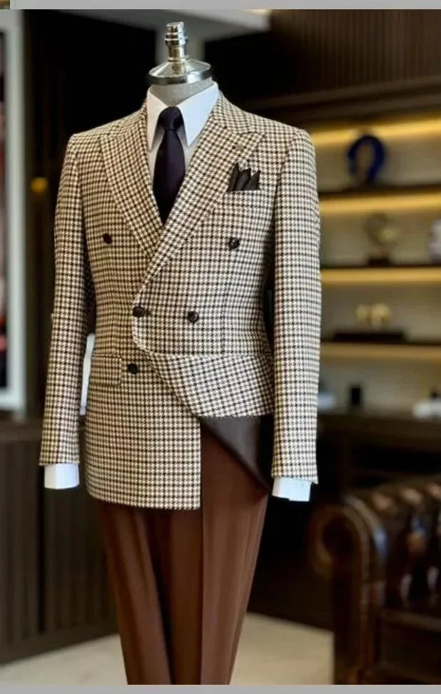 Latest Design Houndstooth Jacket Men‘s Suit Set Brown Pant GlowCart