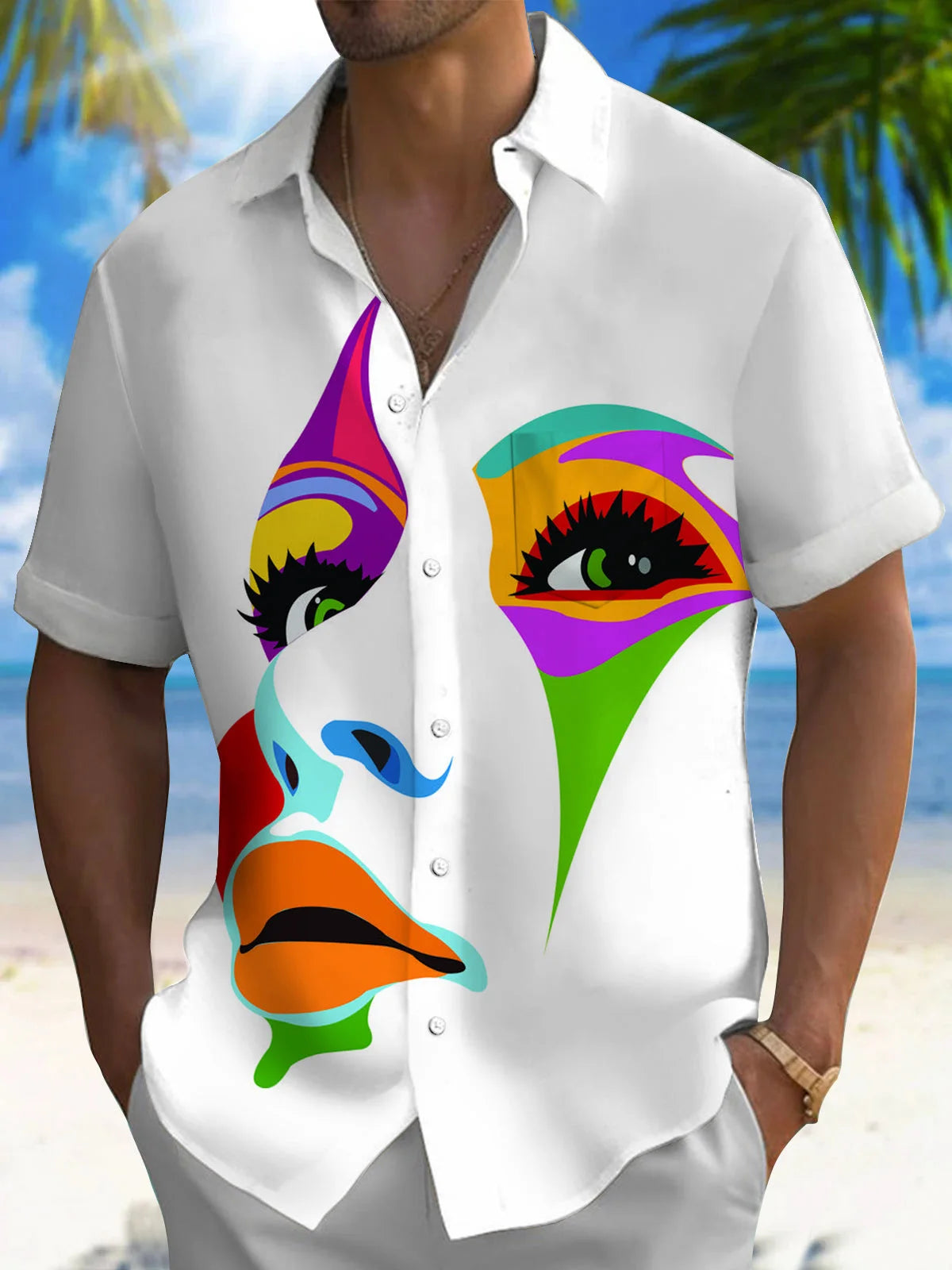 New Hawaii Spring/Summer Fashion Leisure Street Walk Tourist Beach Printed Full Open Short Sleeve Button Shirt, XS-5XL GlowCart