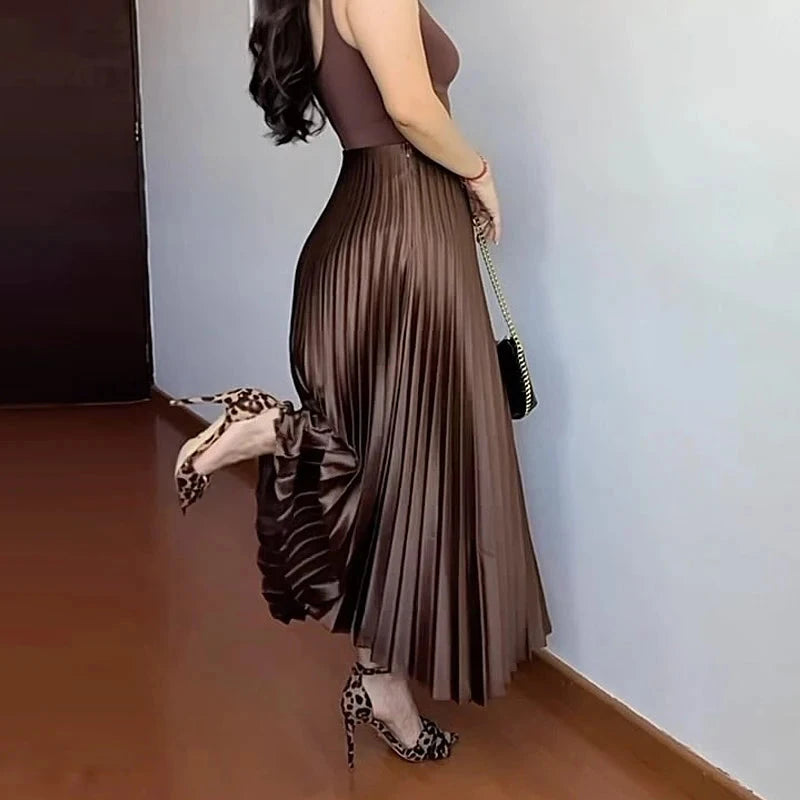 HXAO Women's Pleated Skirt Summer Brown Ruffle Skirt Cylinder Pleats Mid Waist Midi Skirt Fashion Elegant Women Long Skirt 2025 GlowCart