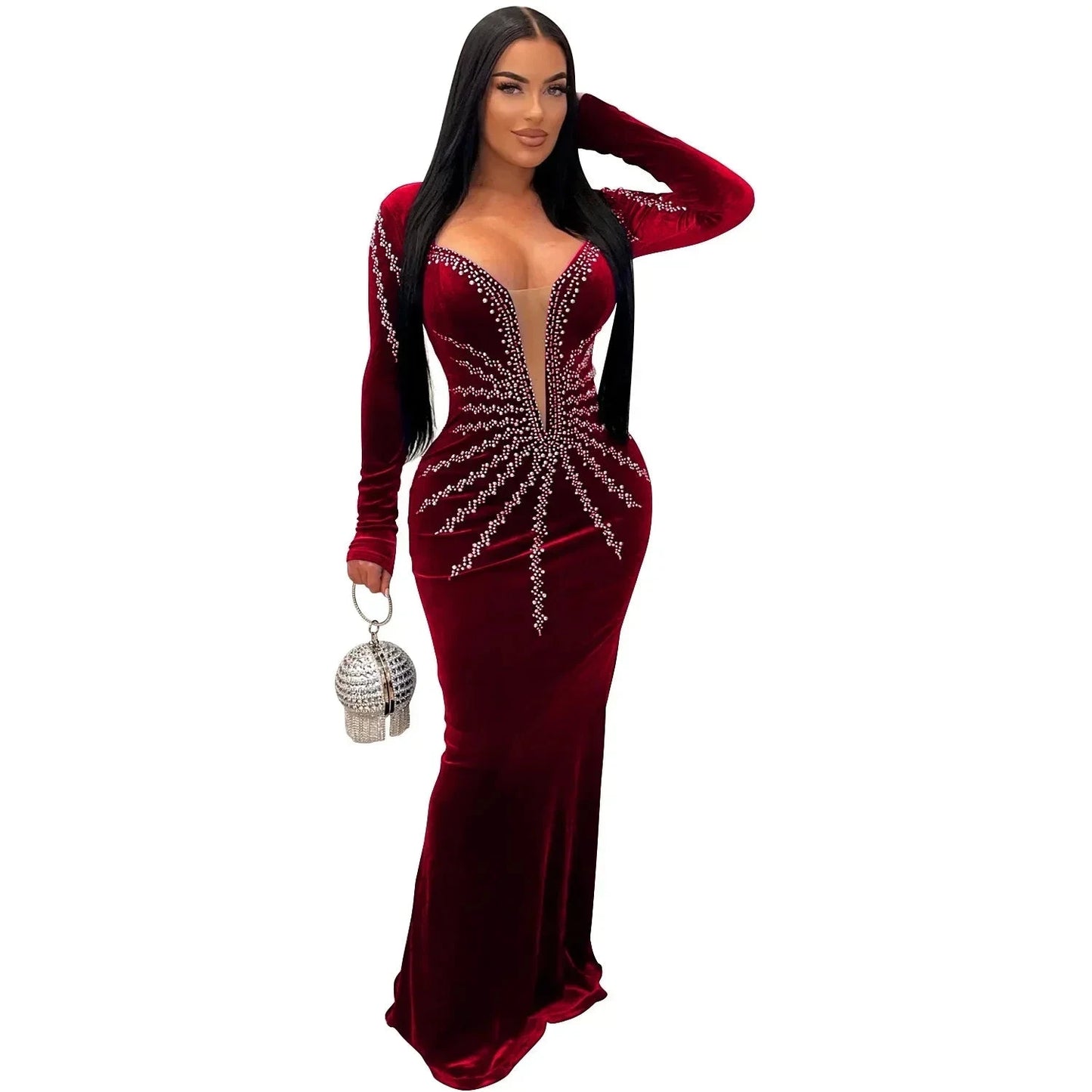 2025 Elegant Diamonds Velvet Long Party Dress for Women Sexy GlowCart