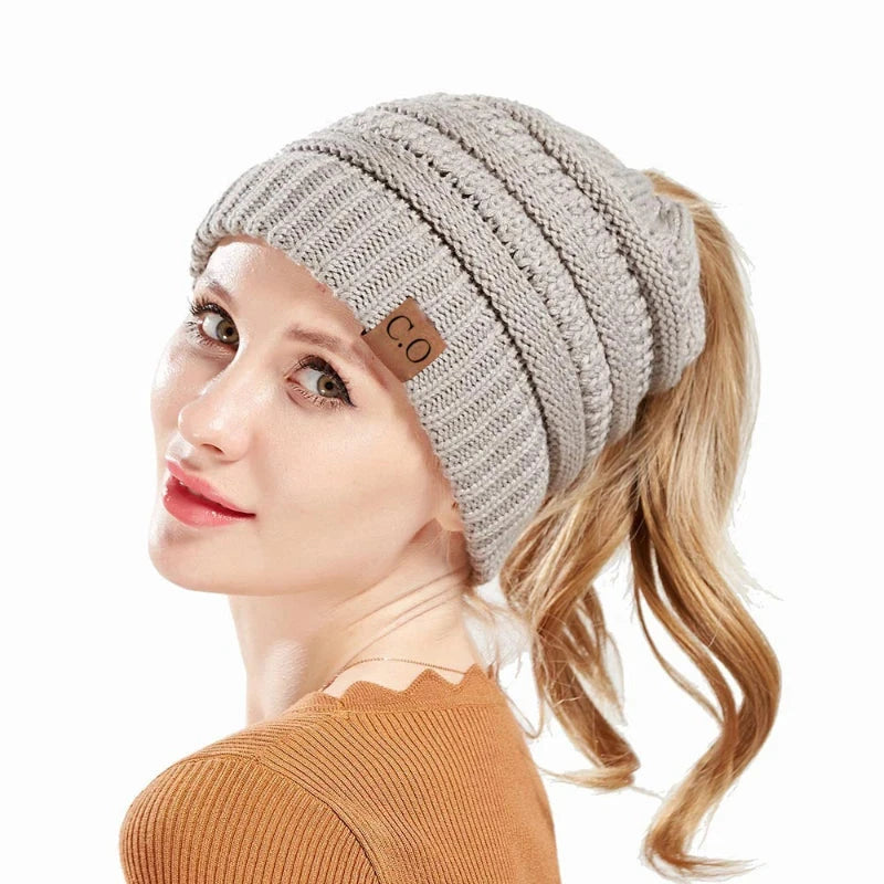 Women Winter Knit Ponytail Hats Warm Messy High Bun Autumn GlowCart