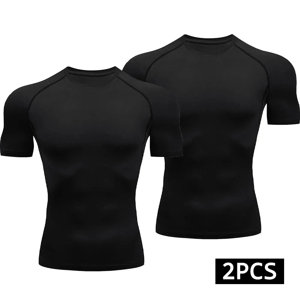 2-Piece Compression T Shirt Men Summer Sportswear Running T-shirt Elastic Quick Dry Sport Tops Athletic Gym Workout Shirts Men GlowCart