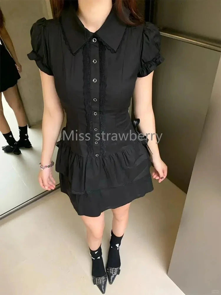 Summer Chic Vintage Black Short Sleeve Dress Women High GlowCart