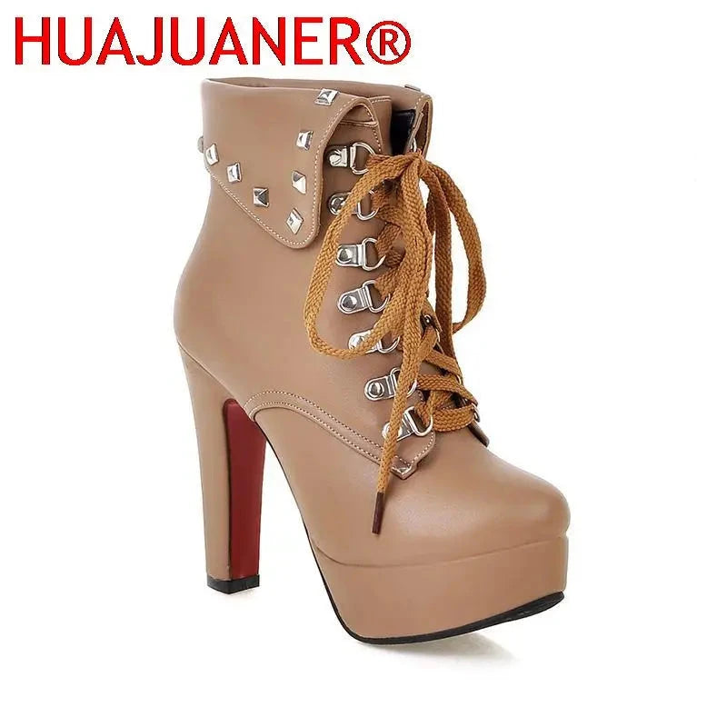 Winter Style Thick High Heels Rivets Lace Up Ankle Boots GlowCart