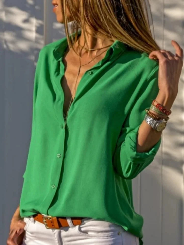 Women Elegant Solid Chiffon Blouse Spring Summer Casual Long GlowCart