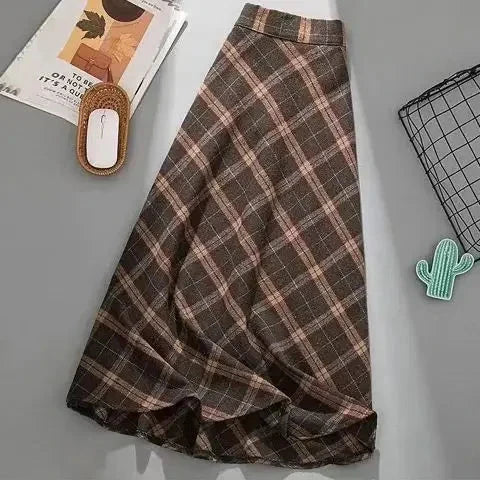 American Style Plaid Midi Skirt Women's Full A- Line Skirts plus Size High Waist Slimming Long Skirts Trendy Spring Autumn GlowCart