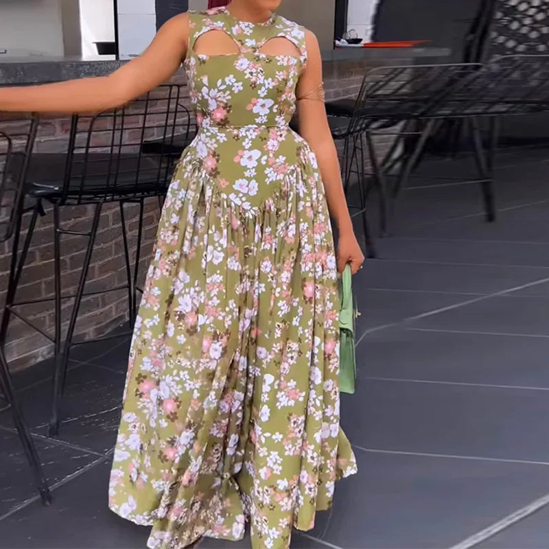 Dresses Pullover Hollow Solid O Neck Women Dress Sleeveless High Street Sexy Ankle Length Vestidos Loose Fit Shirring 2024 GlowCart