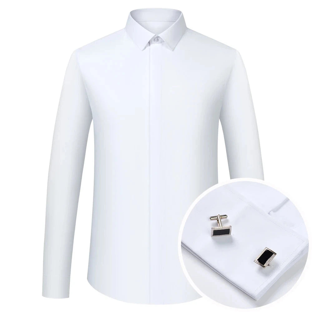 Men's Formal Long Sleeve Dressy Shirt Covered Buttons Front GlowCart