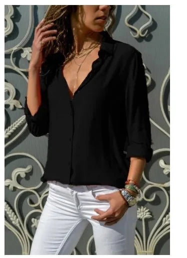 Women Elegant Solid Chiffon Blouse Spring Summer Casual Long GlowCart