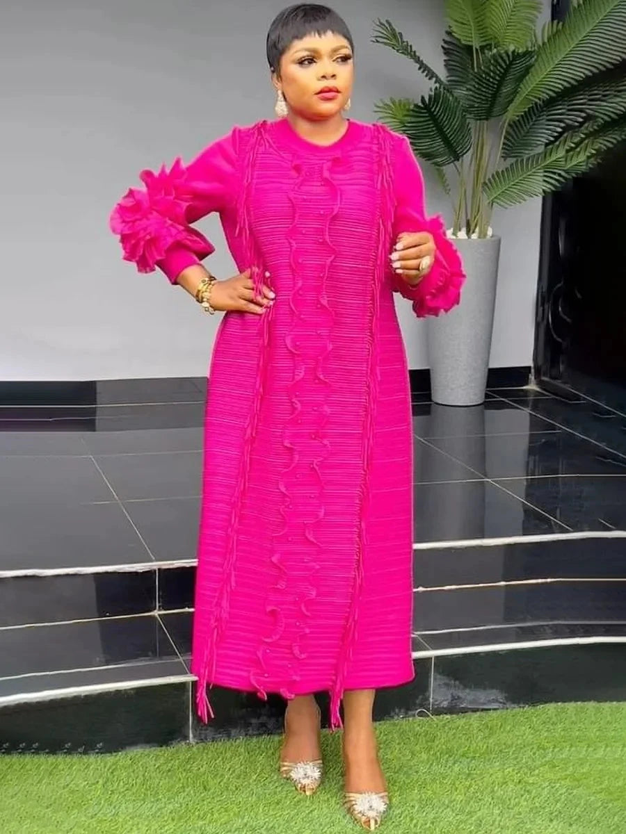 EGRM Miyake Pleated Dress Round Collar Full Sleeve Ruffles GlowCart