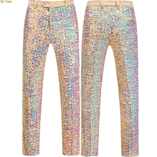 Gold Men's Shiny Sequin Suit Pants,Wedding Party Dress GlowCart