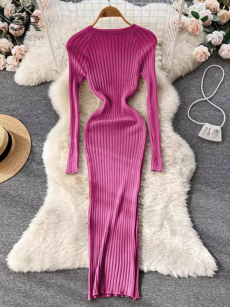 SINGREINY Winter Women Knit Maxi Dress O Neck Autumn Long GlowCart