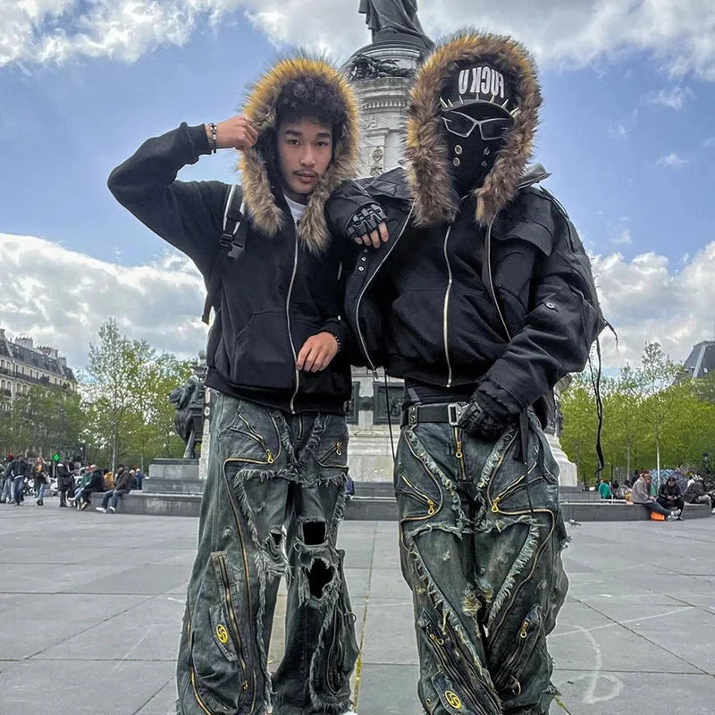 Casual Y2K Zip up hoodie Faur collar Harajuku Streetwear GlowCart