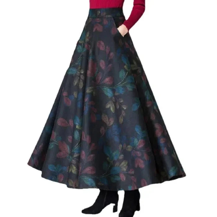 Autumn Winter Plaid A- Line Midi Skirt Women's Retro plus Size High Waist Slimming Long Skirt Floral Embellished Fullness GlowCart