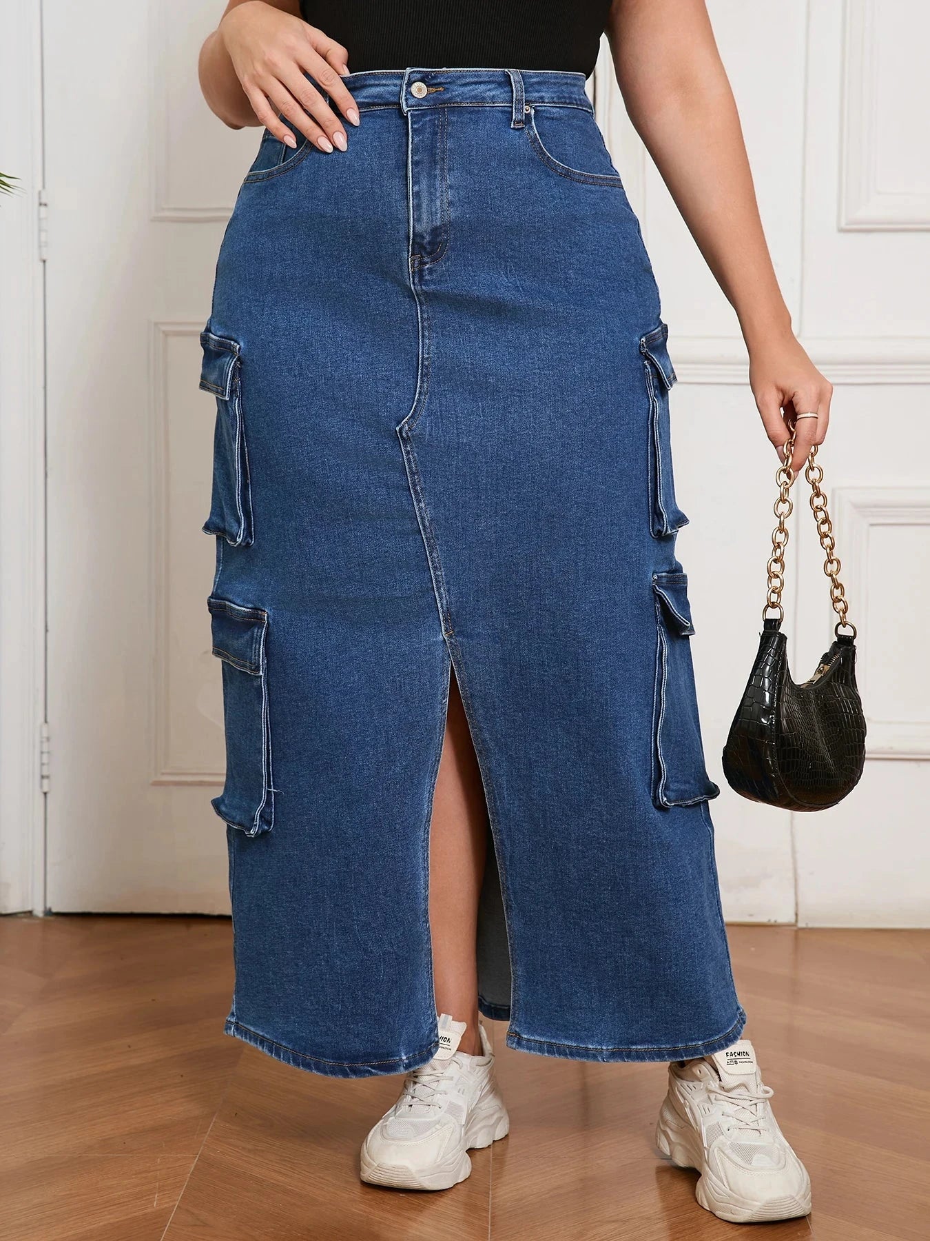Denim Long Skirt for Women Street Style Cargo Design Split Hem Chic Outfit Casual Fashion Clothing Pants GlowCart